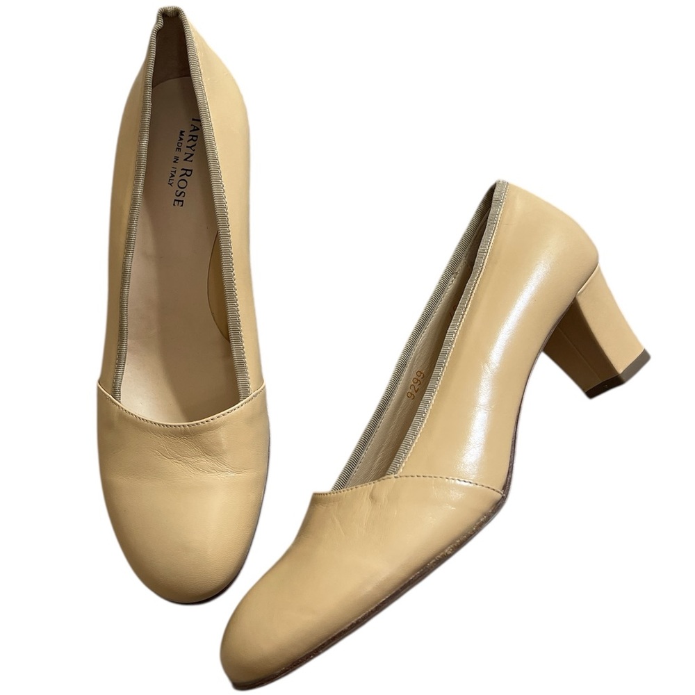 Quiet Luxury Taryn Rose Minimalist Tan Leather Classic Mid heel Pumps Round Toe